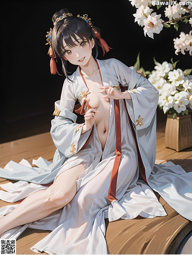 A woman in a white kimono sitting on a wooden floor.