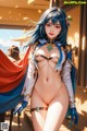 A naked woman with blue hair and a red cape.